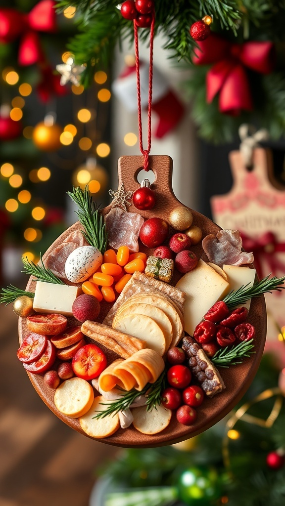 A festive charcuterie board ornament with meats, cheeses, fruits, and holiday decorations.